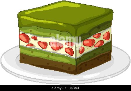 Illustrazione vettoriale di una fetta di torta matcha quadrata con strati di crema di fragole su un piatto Illustrazione Vettoriale