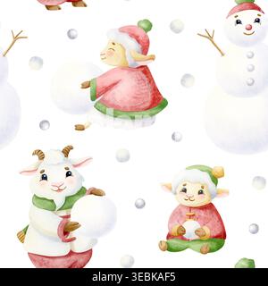 Famiglia di animali disegnati a mano che crea un motivo di acquerello senza cuciture per pupazzi di neve e palle di neve. Personaggi dei cartoni animati di pecore, agnelli e capre che giocano a giochi invernali Foto Stock
