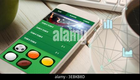 Smartphone che visualizza l'app sport sulla scrivania dell'ufficio di casa, con il giocatore in maglia rossa, le icone dello sport e la mela Foto Stock