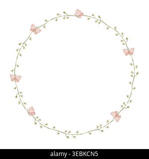 Ghirlanda di giglio della valle fiori verdi, farfalle rosa. Illustrazione di botanica ad acquerello in stile infantile, telaio disegnato a mano, isolato da Foto Stock