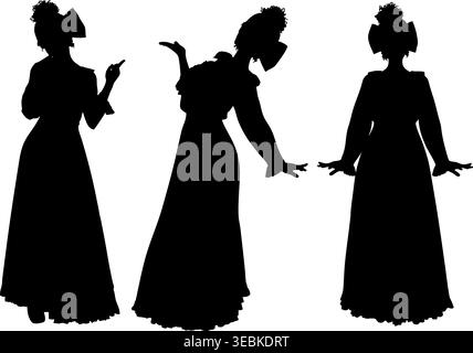La silhouette nera mostra una donna in un abito lungo e fluente in stile vintage, parrucca per capelli alti con grande fiocco, catturata su sfondo isolato. Ideale per t Illustrazione Vettoriale