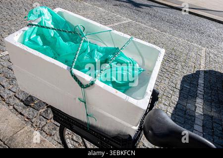 Trasporto di biciclette con un sacchetto di plastica all'interno di una scatola il concetto di piccola impresa Foto Stock
