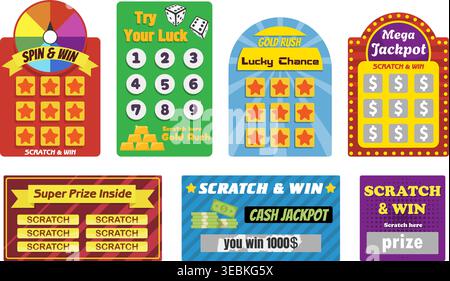 Carte di lotteria Scratch and Win e set di gioco Spin Wheel. Vinci i biglietti della lotteria con i modelli di gioco Mega Jackpot. Jackpot colorato Scratch Card e. Illustrazione Vettoriale