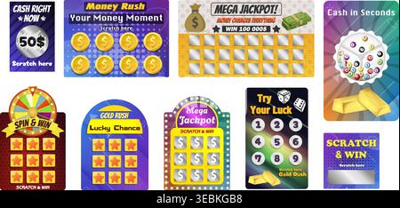 Mega Jackpot gratta e vinci e Spin Wheel Lottery Game Set. Biglietti gratta e vinci colorati con Cash Jackpot e Gold Rush. Scratch and Win Casino Game Illustrazione Vettoriale
