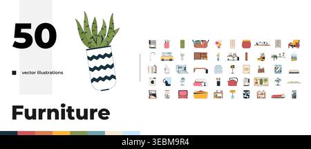 Boho, arredamento scandinavo e oggetti d'interni cartoon, illustrazioni piatte, mega pacchetto Illustrazione Vettoriale
