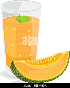 Bicchiere rinfrescante di succo di melone con fetta fresca e foglie di menta, luminoso vettore estivo di bevande isolato su sfondo chiaro. Illustrazione Vettoriale
