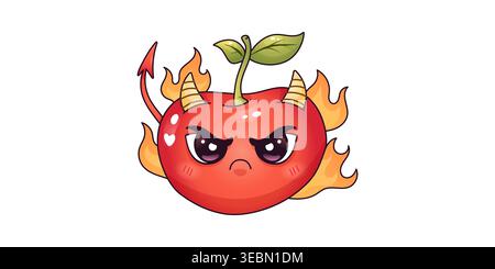 Il personaggio della mascotte Devil Cherry con corni fuochi e coda isolati su sfondo bianco Illustrazione Vettoriale