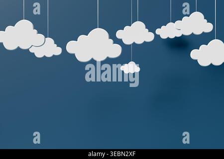 Sfondo stravagante con carta bianca che ritaglia le nuvole appese alle corde su sfondo blu profondo, design minimalista con ampio spazio per le copie Foto Stock