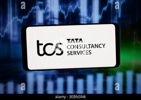 In questa immagine, il logo della società Tata Consultancy Services Ltd. (TCS) viene visualizzato su uno smartphone davanti allo sfondo astratto sullo schermo del computer. (Foto di Timon Schneider / SOPA Images/Sipa USA) *** esclusivamente per notizie editoriali *** Foto Stock