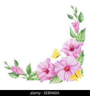 Composizione di fiori di ibisco rosa acquerello con farfalla, foglie verdi e gemme. Illustrazione botanica disegnata a mano isolata su sfondo bianco. Foto Stock