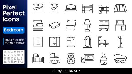 Set di icone per camera da letto e arredamento per vivai. Letto a castello, culla, guardaroba, comò, specchio, cuscino, materasso piatto, illustrazioni vettoriali minime. Semplice Illustrazione Vettoriale