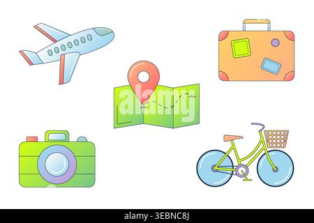 Icone di viaggio moderne con sfumature morbide. Il ritiro include aereo, valigia, mappa con spilla, macchina fotografica e bicicletta. Perfetto per il turismo Illustrazione Vettoriale