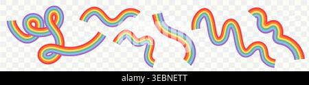 Set di nastri arcobaleno ondulati ed elementi di design del mese dell'orgoglio isolati su sfondo trasparente per la celebrazione lgbtq, la diversità e l'evento inclusivo Illustrazione Vettoriale