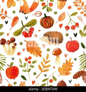 Disegno ad acquerello autunnale disegnato a mano con animali della foresta e piante su sfondo bianco Foto Stock