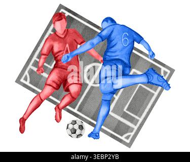 Illustrazione acquerello di due giocatori di calcio in uniforme rossa e blu che competono per il pallone. Azione dinamica delle partite di calcio isolata sullo sfondo bianco Foto Stock