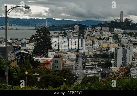 Guarda verso est lungo Lombard Street verso la Coit Tower e il Bay Bridge dalla cima della strada tortuosa di San Francisco. Foto Stock