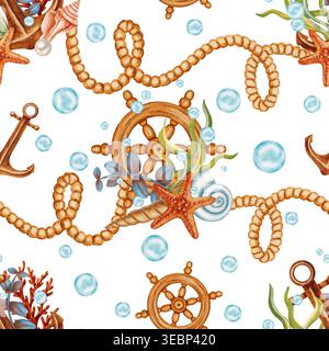 Acquerello senza cuciture con stelle marine, conchiglie, coralli, volanti e ancore circondati da bolle d'acqua. I bambini, la nautica, li viaggiano Foto Stock