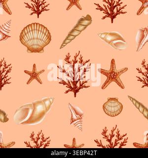 Motivo marino minimalista senza cuciture con conchiglie di vari acquerelli, coralli arancioni e stelle marine. Temi per bambini, nautica, viaggi. Adatto Foto Stock