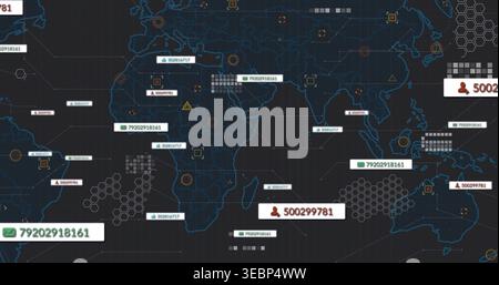 Visualizzazione della griglia del cruscotto di ancoraggio della mappa mondiale stilizzata, con didascalie numeriche ID e icone radar Foto Stock