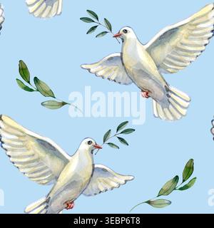 Acquerello disegnato a mano senza cuciture con colombe bianche di pace che volano nel cielo blu e tengono i rami d'ulivo. Simbolo religioso e spirituale di Foto Stock
