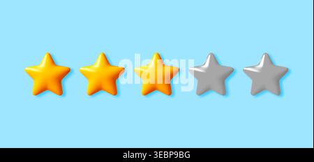 3D tre stelle dorate e due stelle grigie su blu. Illustrazione Vettoriale
