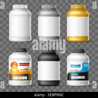 Modelli di packaging per prodotti proteici. Immagini realistiche di barattoli di plastica in nero, argento, oro e bianco. Barattoli chiusi. Integratori sportivi e Illustrazione Vettoriale