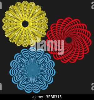 Colorato astratto spirografo mandala ornamenti vettoriali. Questi vivaci motivi geometrici offrono elementi grafici creativi. EPS 10. Illustrazione Vettoriale