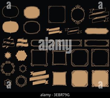 Set di cornici vintage disegnate a mano e striscioni rustiche a nastro Illustrazione Vettoriale