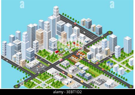 Città isometrica moderna con grattacieli, fabbriche, case, strade e parchi Illustrazione Vettoriale