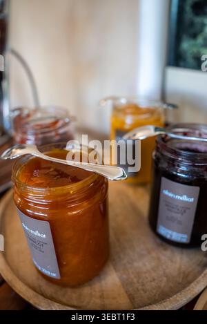 Conserve artigianali di frutta in vasetti di vetro con cucchiai ad Antibes, Francia Foto Stock