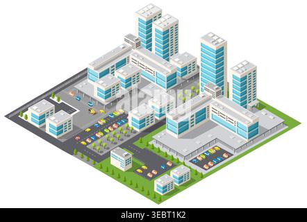 Moderno centro città isometrico con grattacieli, uffici e parcheggi Illustrazione Vettoriale