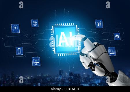 Microchip ai centralizzato su circuito stampato futuristico. Cloud computing di processo AI, analisi dei dati e automazione intelligente dell'intelligenza artificiale. Concetto per il cervello hardware Foto Stock