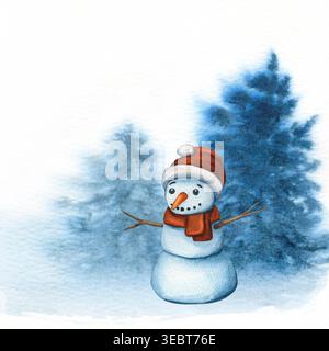 Pupazzo di neve vicino a un albero di Natale. Illustrazione ad acquerello di un simpatico pupazzo di neve che indossa un cappello rosso a maglia e una sciarpa in una foresta invernale. Illustrazione di una vittoria Foto Stock