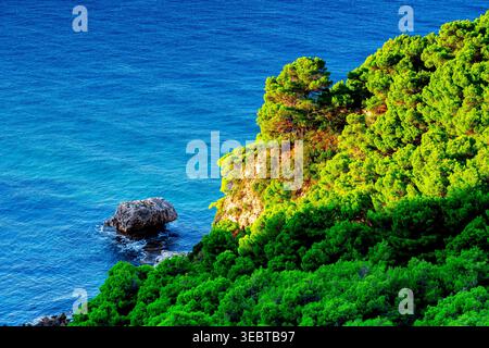 Costa verde di Corfù vista dall'alto, paesaggi naturali greci per vacanze, bella colore del Mar Ionio. Foto Stock