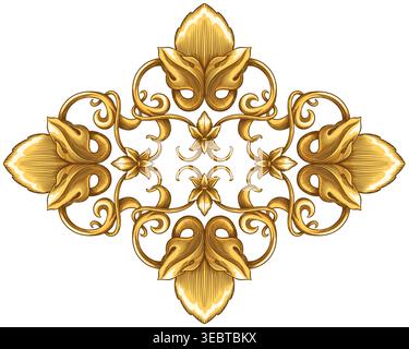 Barocco dorato, barocco o rococò elementi floreali vintage e vortici con foglie in vecchio stile tradizionale del 18° secolo. Disegno di tratteggio reale per Illustrazione Vettoriale
