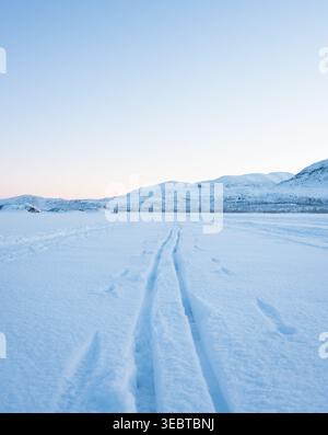 Piste da sci attraverso la neve, che conducono a un paesaggio invernale artistico nel nord della Svezia. La luce dell'alba illumina il cielo. Foto Stock