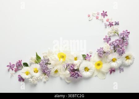 Cornice composta da molti fiori diversi su sfondo bianco, piatto. Spazio per il testo Foto Stock