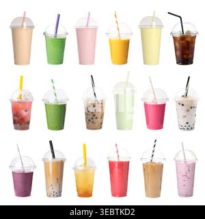Diverse bevande gustose in tazze di plastica isolate su collage bianco Foto Stock