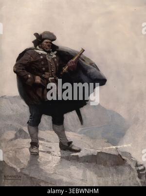 Il capitano Bill Bones, un aspro marinaio di Treasure Island, si erge su un precario scoglio, tenendo in mano una lente di ingrandimento, osservando l'orizzonte con un'espressione determinata e intemprata. Illustrato da Newell Convers Wyeth, Orr, Monro S., variante di George; da l'île au trésor [Isola del tesoro] di Stevenson, Robert Louis, 1850-1894; tradotto in francese Déodat Serval pubblicato nel 1883 Foto Stock