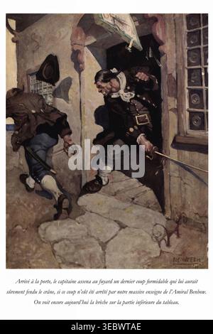 Il capitano Bill Bones combatte contro un pirata, fa oscillare una cutlass e guida un avversario dalla porta dell'Admiral Benbow inn durante un violento confronto. Illustrato da Newell Convers Wyeth, Orr, Monro S., variante di George; da l'île au trésor [Isola del tesoro] di Stevenson, Robert Louis, 1850-1894; tradotto in francese Déodat Serval pubblicato nel 1883 Foto Stock