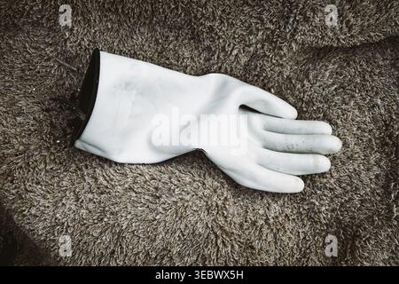 Un singolo guanto di gomma fuoribianco, all'interno, abbandonato su una coperta pelosa marrone chiaro a Stackpole Quay. Foto Stock