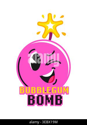 Bobble gum bomb ed Explosion retro Y2K sticker o patch. Toppa vettoriale scanalata dinamite TNT, etichetta funky esplosiva. Il personaggio felice della bomba rosa e l'adesivo Y2K isolato da stoppino in fiamme Illustrazione Vettoriale