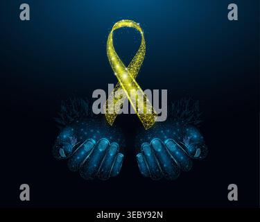 Due mani umane hanno la consapevolezza del nastro giallo. Adenosarcoma, cancro della vescica, cancro osseo, Endometriosi, Sarcoma, spina Bifida, consapevolezza suicida Illustrazione Vettoriale