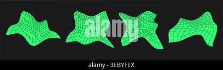 Set di cyber griglie distorte. Elemento geometrico cyberpunk stile y2k. Mesh verde isolata su sfondo nero. Illustrazione vettoriale. Illustrazione Vettoriale