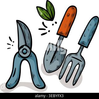 Set di attrezzi manuali da giardino tra cui cesoie per potatura, una cazzuola e una forchetta a mano. Illustrazione disegnata a mano per la manutenzione del giardino Foto Stock