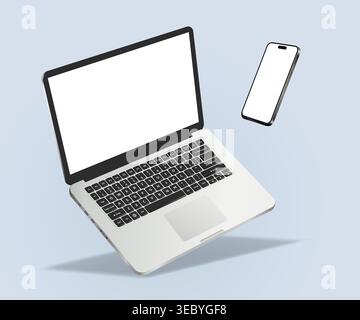 Caduta di laptop e smartphone isolati su sfondo blu. Illustrazione vettoriale. Illustrazione Vettoriale