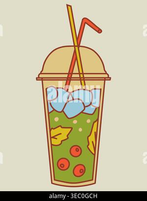 Bevanda verde ghiacciata in tazza di plastica da asporto con frutti di bosco e paglia Illustrazione Vettoriale
