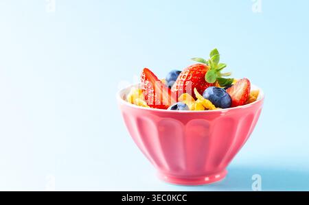 Concetto di sana colazione senza glutine con frutti di bosco, yogurt naturale e fiocchi di mais nella ciotola rosa su sfondo blu. Foto Stock