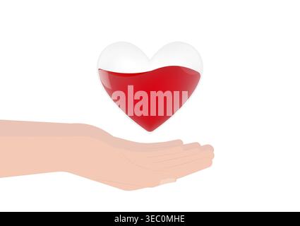 Concetto di donazione di sangue. Giornata mondiale dei donatori di sangue. Mano che tiene il cuore rosso. Illustrazione vettoriale. Illustrazione Vettoriale