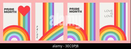 Set di poster del mese queer Pride con grafica minimalista arcobaleno anni '70. Striscioni verticali LGBTQ geometrici retrò con slogan Love Is Love. Sfondi per q Illustrazione Vettoriale